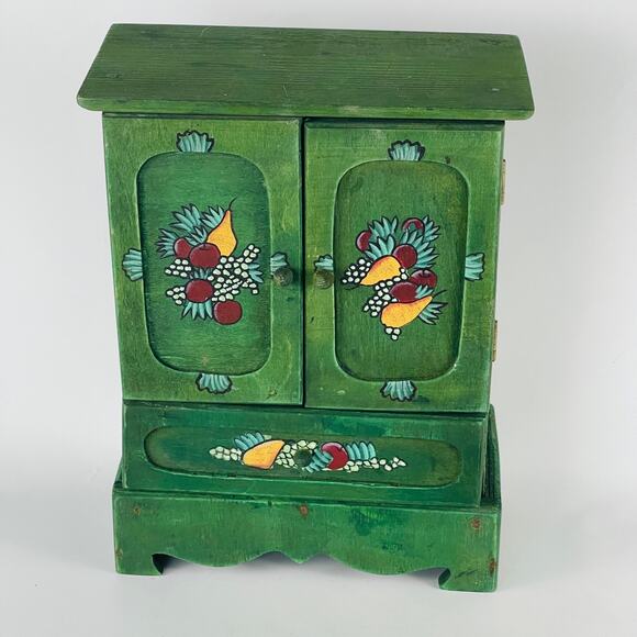 Folk Art Hand Painted Wood Green Small Box Doll Armoire 9 3/8 x 7 3/16 x 3 7/8” - Picture 6 of 6